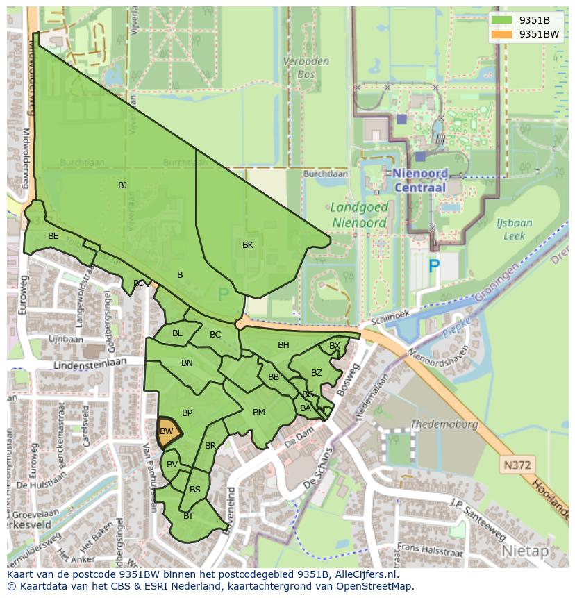 Afbeelding van het postcodegebied 9351 BW op de kaart.