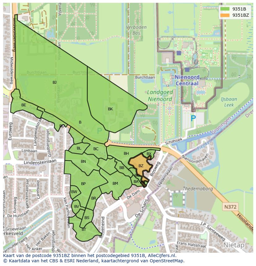 Afbeelding van het postcodegebied 9351 BZ op de kaart.