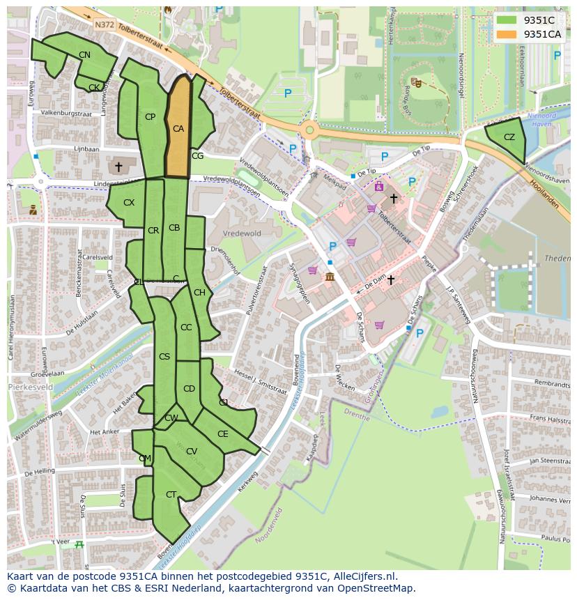 Afbeelding van het postcodegebied 9351 CA op de kaart.