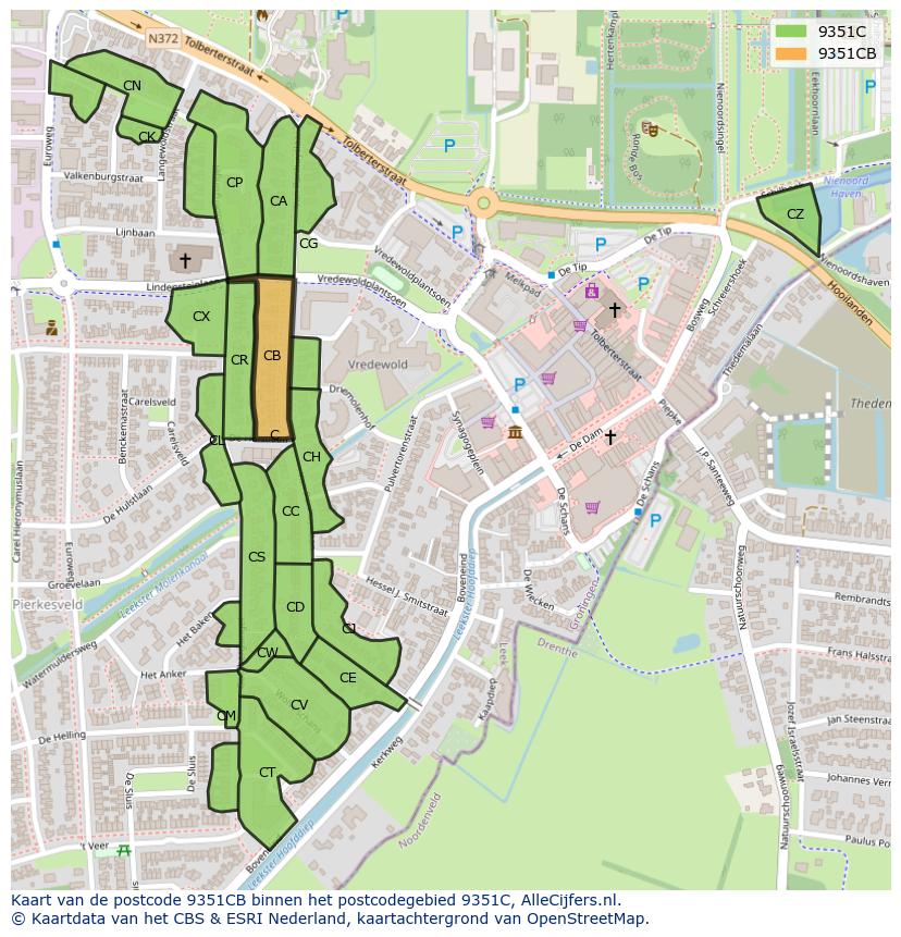 Afbeelding van het postcodegebied 9351 CB op de kaart.