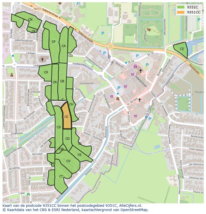 Afbeelding van het postcodegebied 9351 CC op de kaart.