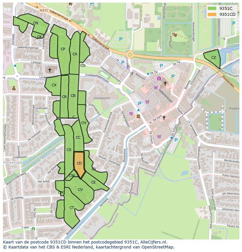 Afbeelding van het postcodegebied 9351 CD op de kaart.