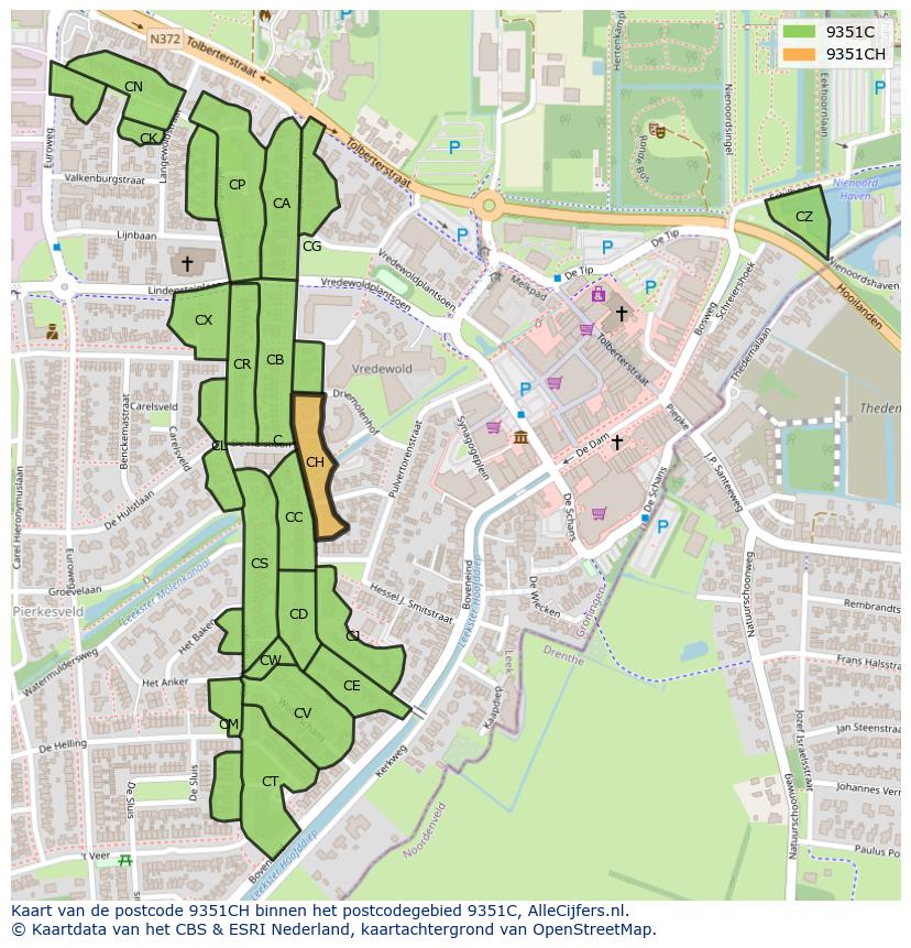 Afbeelding van het postcodegebied 9351 CH op de kaart.