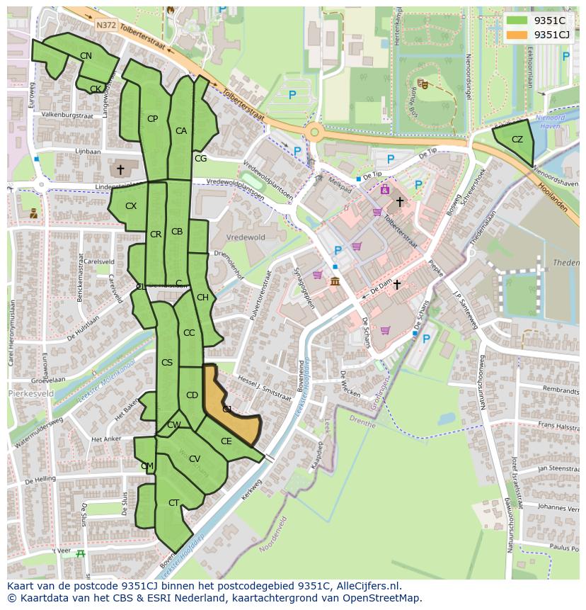 Afbeelding van het postcodegebied 9351 CJ op de kaart.