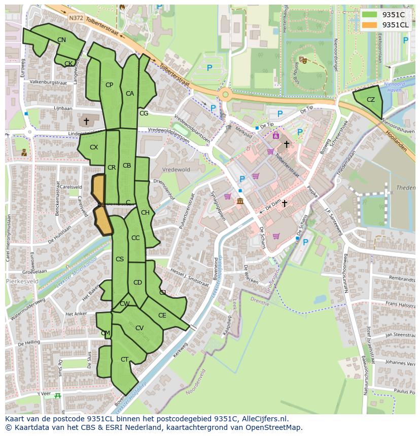 Afbeelding van het postcodegebied 9351 CL op de kaart.