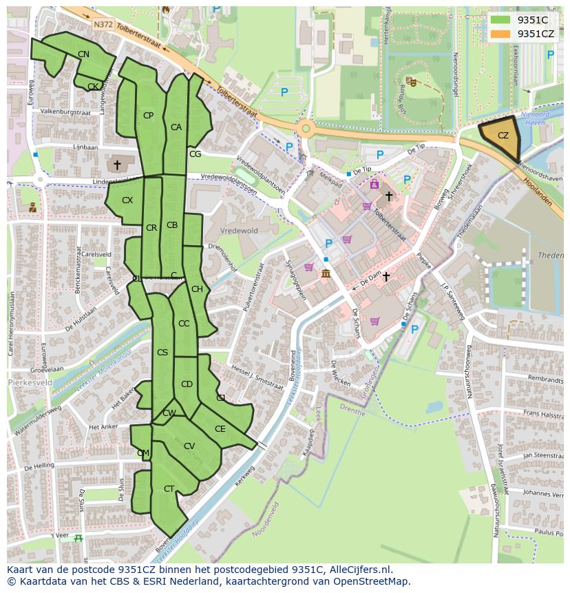 Afbeelding van het postcodegebied 9351 CZ op de kaart.