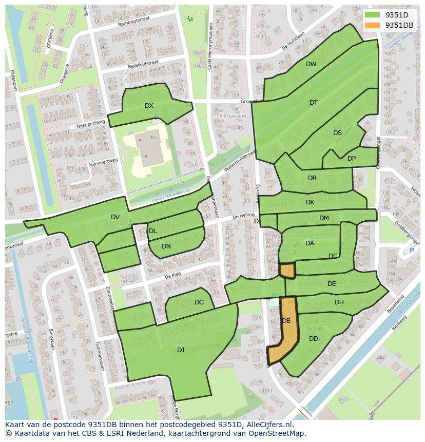 Afbeelding van het postcodegebied 9351 DB op de kaart.