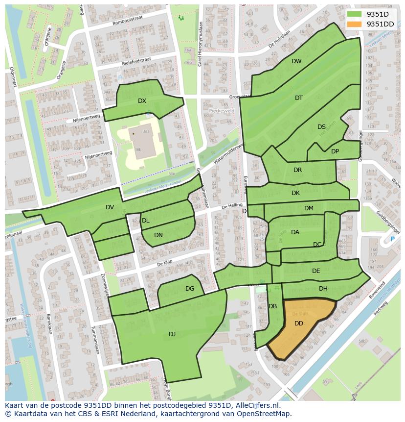 Afbeelding van het postcodegebied 9351 DD op de kaart.