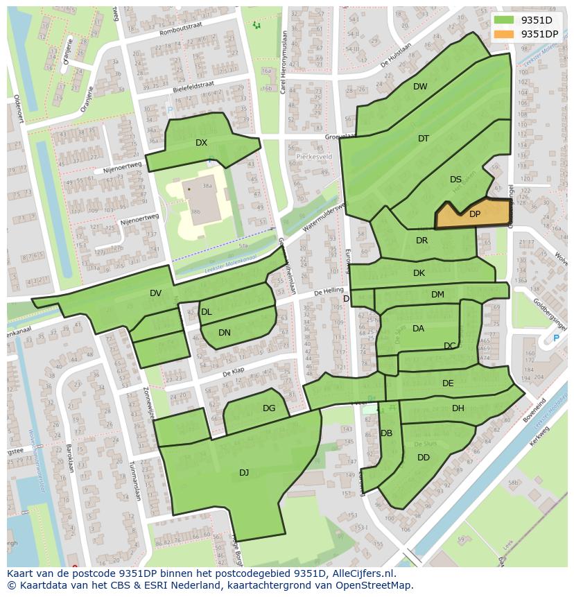 Afbeelding van het postcodegebied 9351 DP op de kaart.