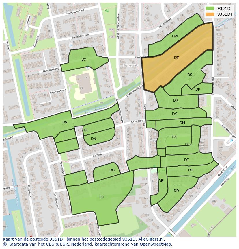 Afbeelding van het postcodegebied 9351 DT op de kaart.
