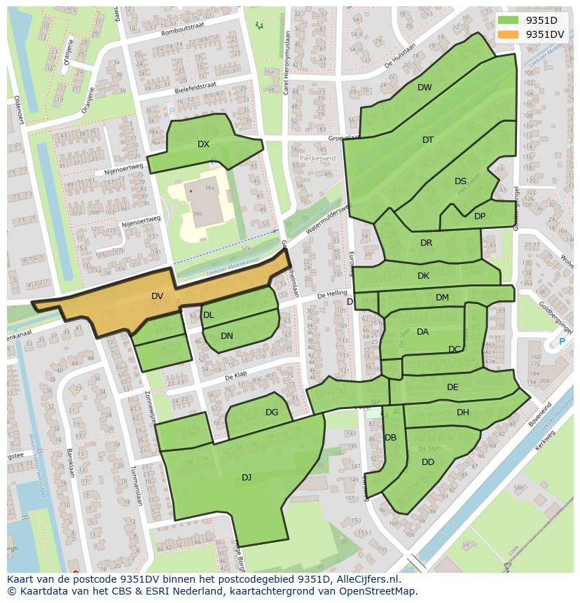 Afbeelding van het postcodegebied 9351 DV op de kaart.