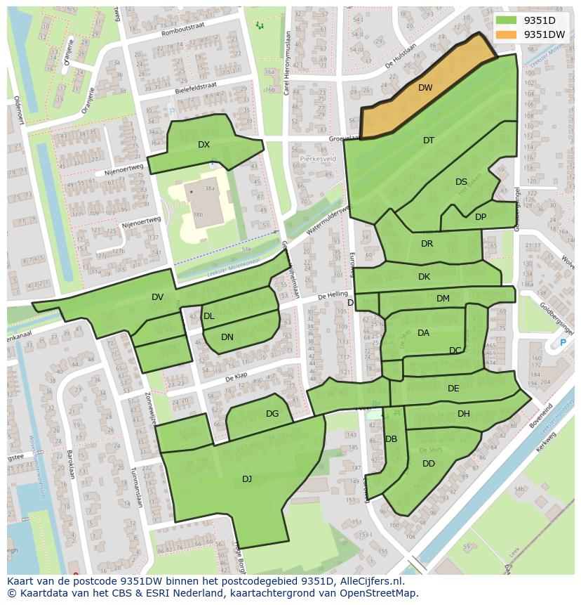 Afbeelding van het postcodegebied 9351 DW op de kaart.