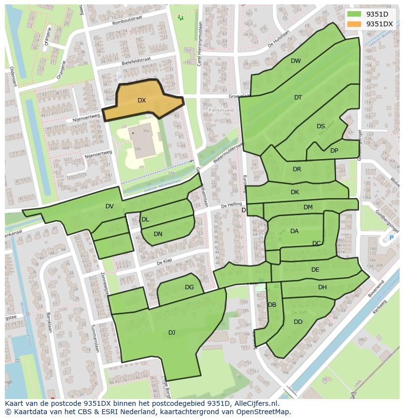Afbeelding van het postcodegebied 9351 DX op de kaart.