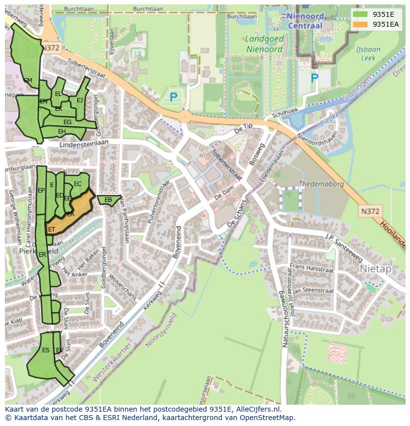 Afbeelding van het postcodegebied 9351 EA op de kaart.