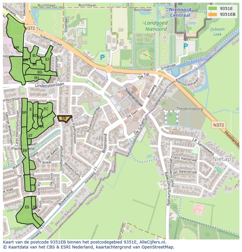 Afbeelding van het postcodegebied 9351 EB op de kaart.