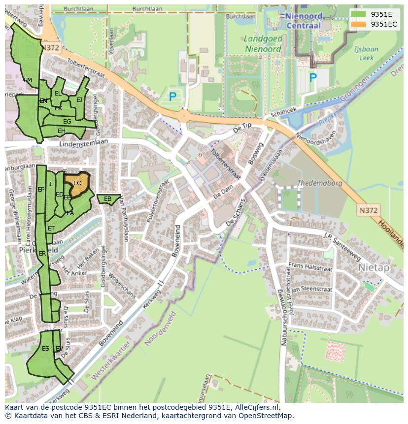 Afbeelding van het postcodegebied 9351 EC op de kaart.