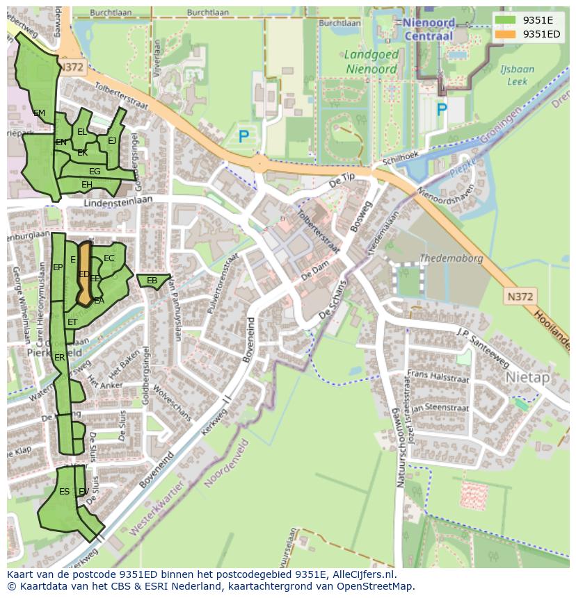 Afbeelding van het postcodegebied 9351 ED op de kaart.
