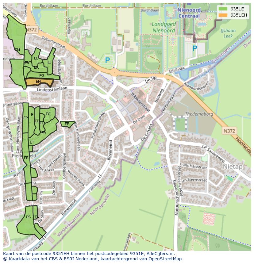 Afbeelding van het postcodegebied 9351 EH op de kaart.