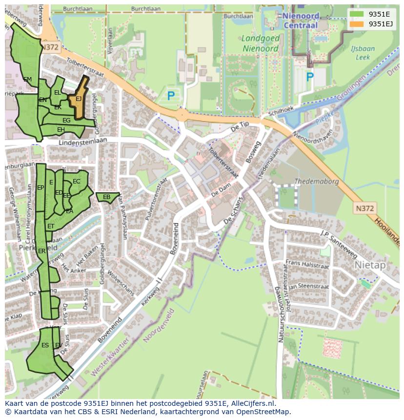 Afbeelding van het postcodegebied 9351 EJ op de kaart.