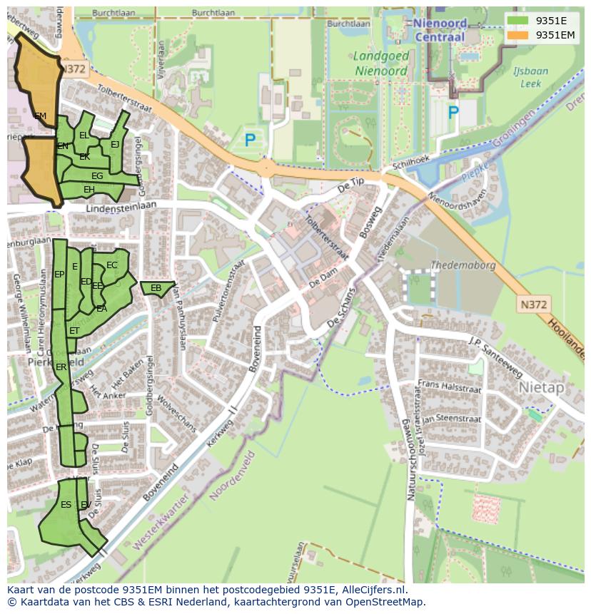 Afbeelding van het postcodegebied 9351 EM op de kaart.