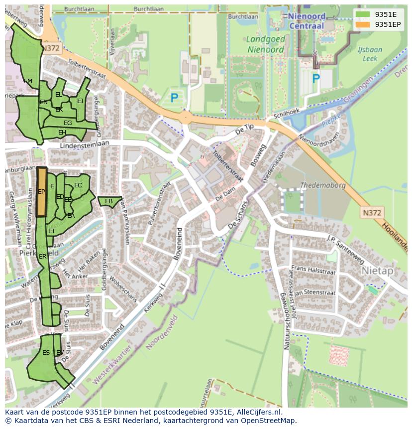 Afbeelding van het postcodegebied 9351 EP op de kaart.