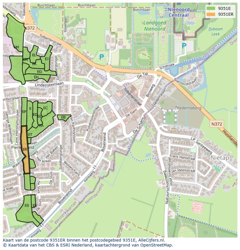Afbeelding van het postcodegebied 9351 ER op de kaart.