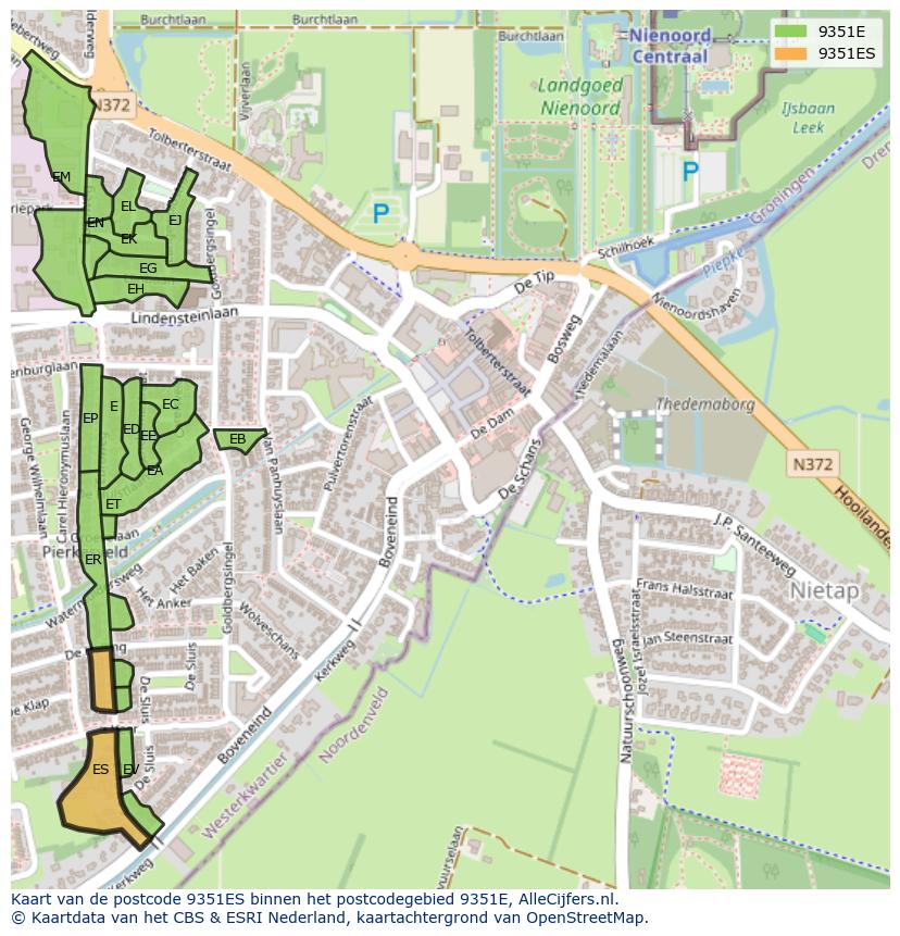 Afbeelding van het postcodegebied 9351 ES op de kaart.