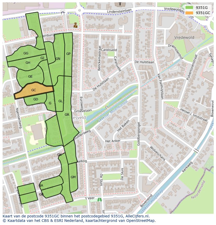 Afbeelding van het postcodegebied 9351 GC op de kaart.