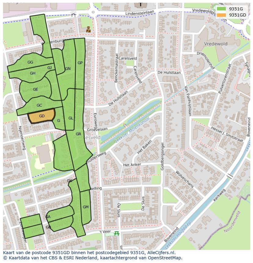 Afbeelding van het postcodegebied 9351 GD op de kaart.