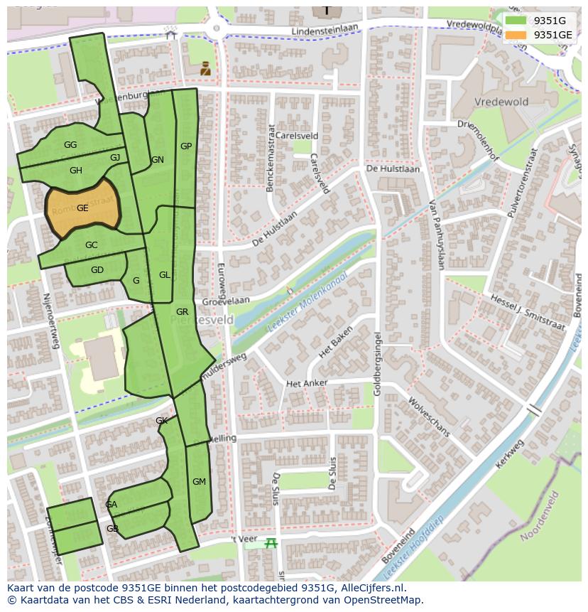 Afbeelding van het postcodegebied 9351 GE op de kaart.