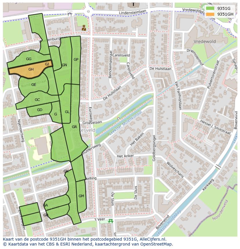 Afbeelding van het postcodegebied 9351 GH op de kaart.