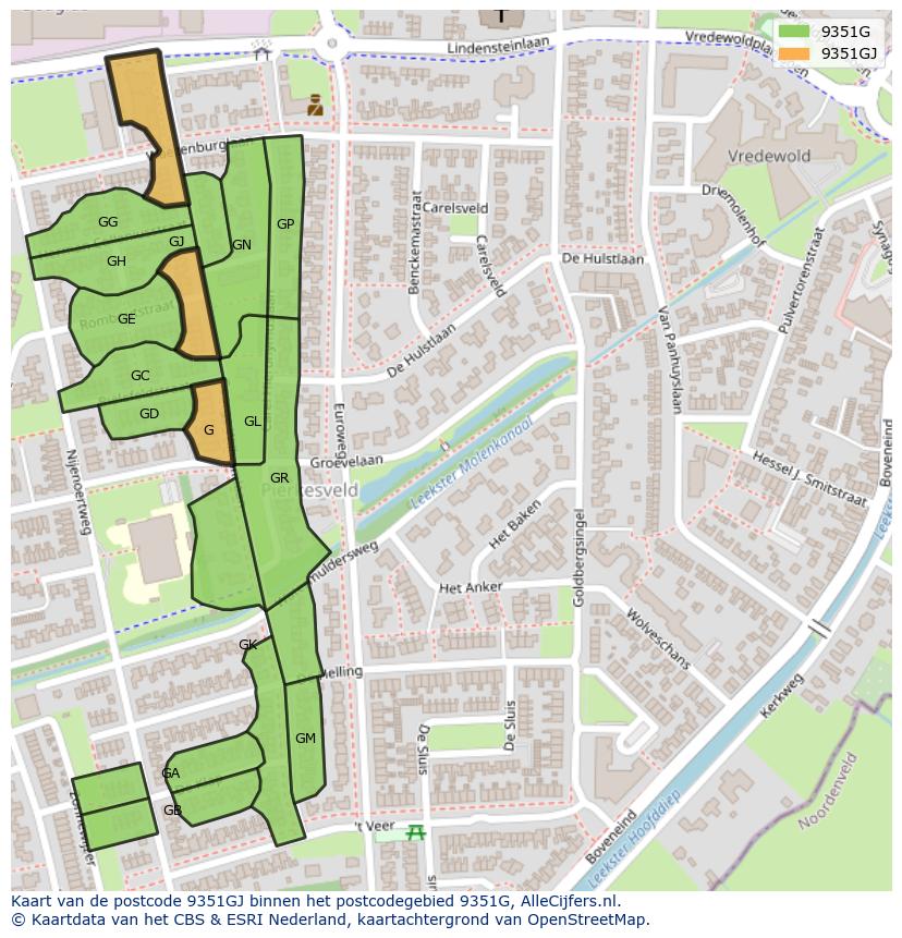 Afbeelding van het postcodegebied 9351 GJ op de kaart.