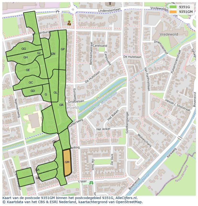 Afbeelding van het postcodegebied 9351 GM op de kaart.