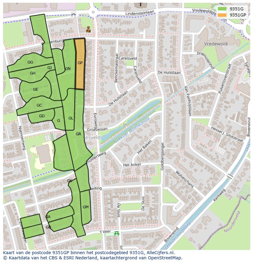 Afbeelding van het postcodegebied 9351 GP op de kaart.