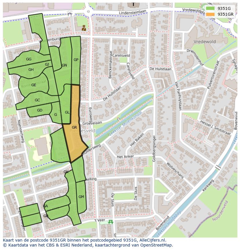 Afbeelding van het postcodegebied 9351 GR op de kaart.