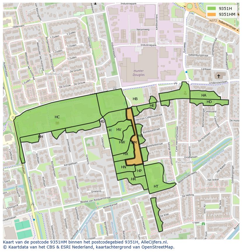 Afbeelding van het postcodegebied 9351 HM op de kaart.