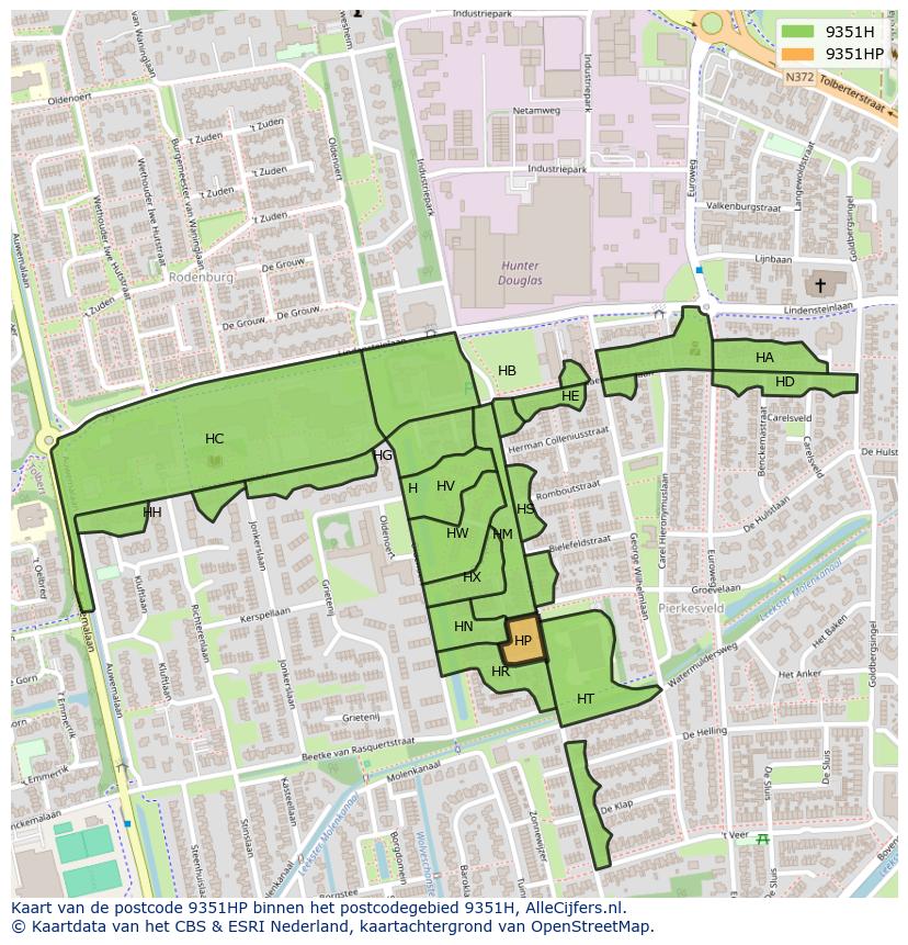 Afbeelding van het postcodegebied 9351 HP op de kaart.