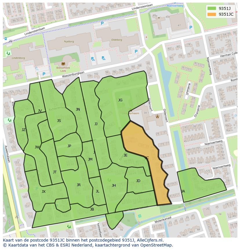 Afbeelding van het postcodegebied 9351 JC op de kaart.