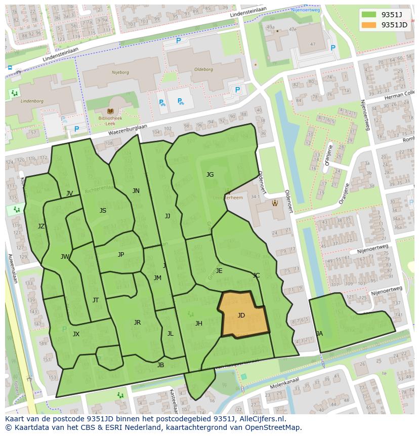Afbeelding van het postcodegebied 9351 JD op de kaart.