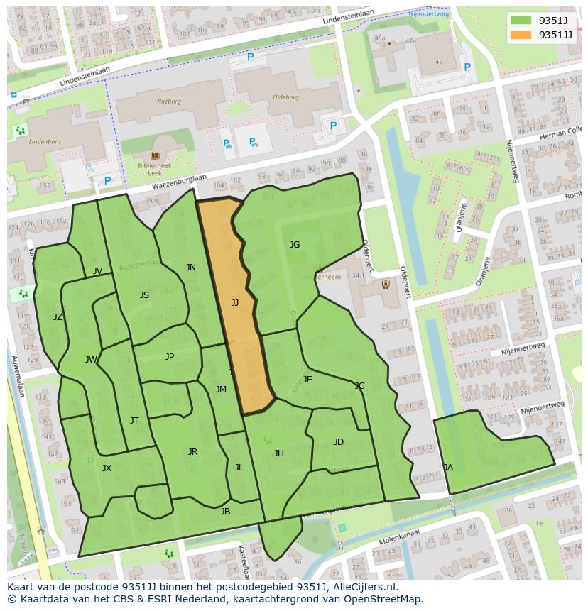 Afbeelding van het postcodegebied 9351 JJ op de kaart.