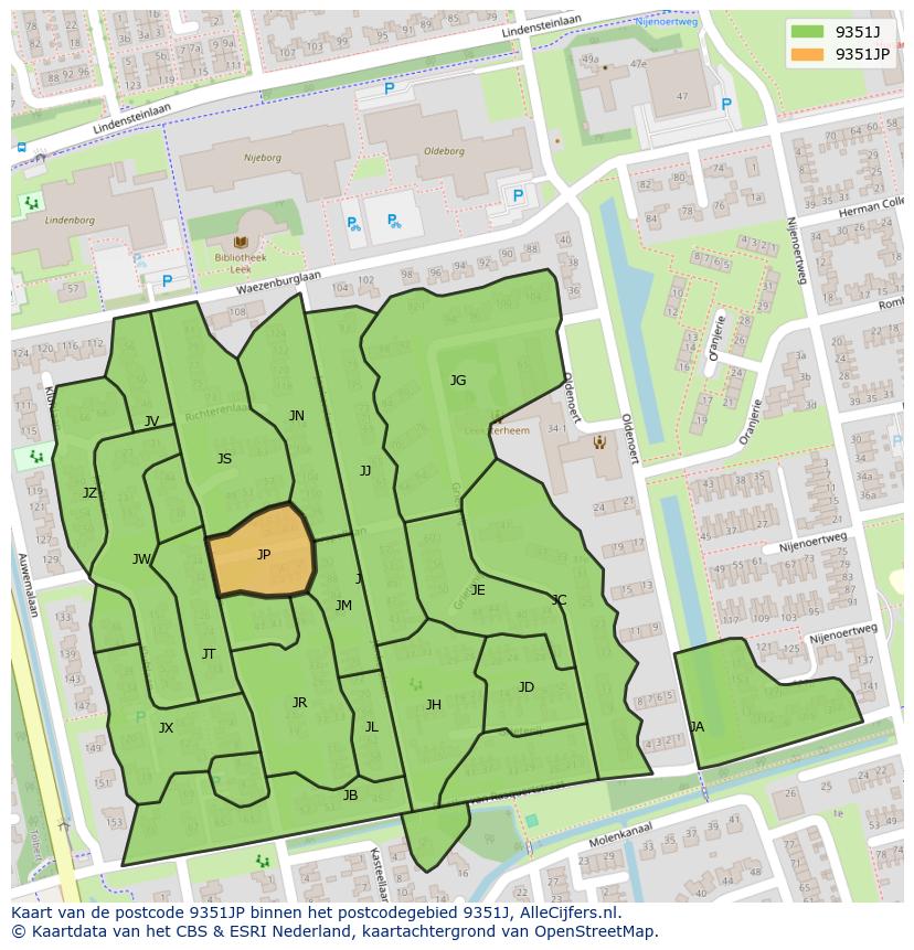 Afbeelding van het postcodegebied 9351 JP op de kaart.