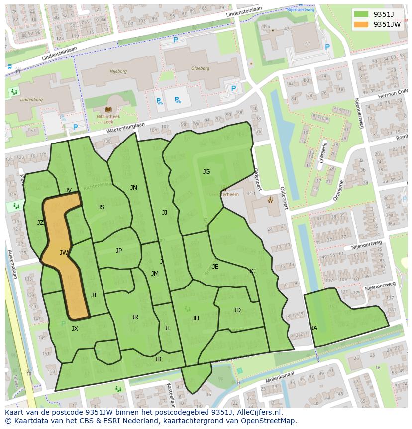 Afbeelding van het postcodegebied 9351 JW op de kaart.