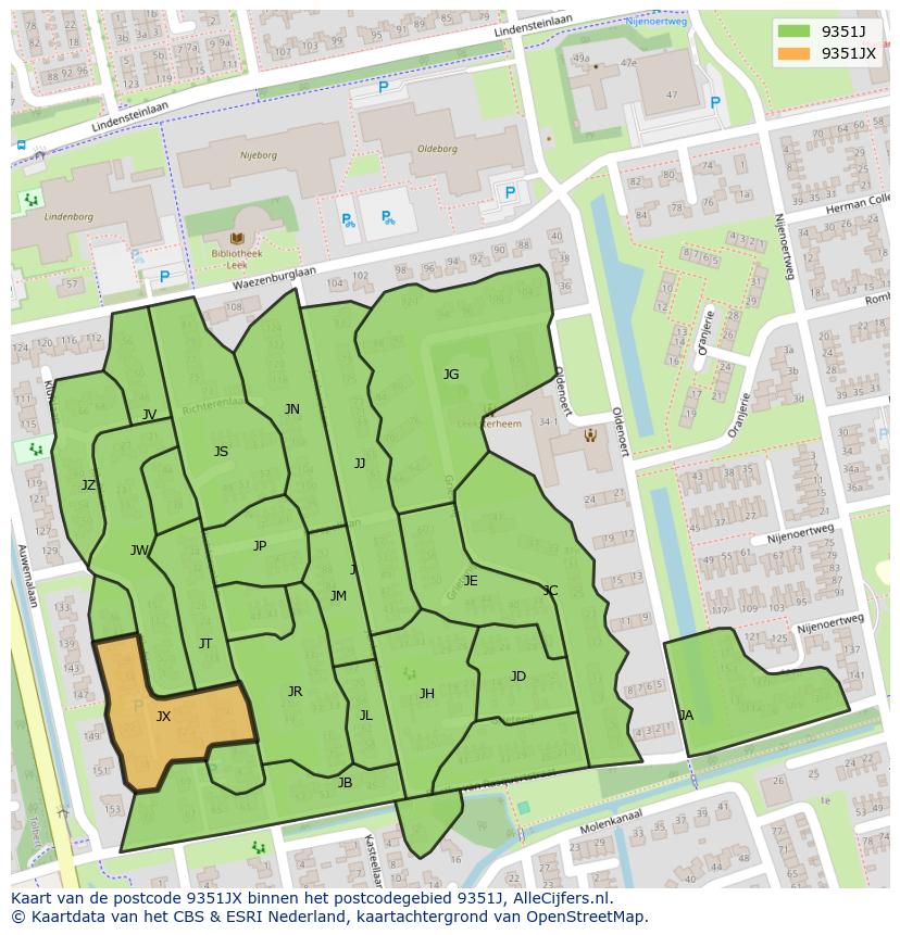 Afbeelding van het postcodegebied 9351 JX op de kaart.