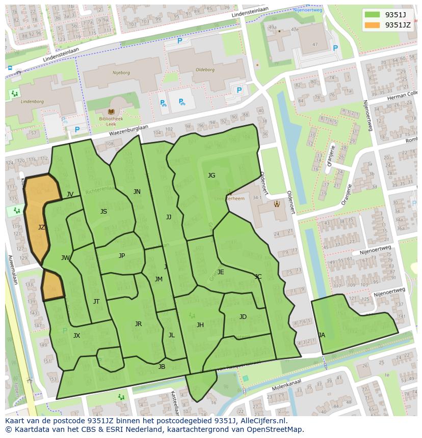 Afbeelding van het postcodegebied 9351 JZ op de kaart.