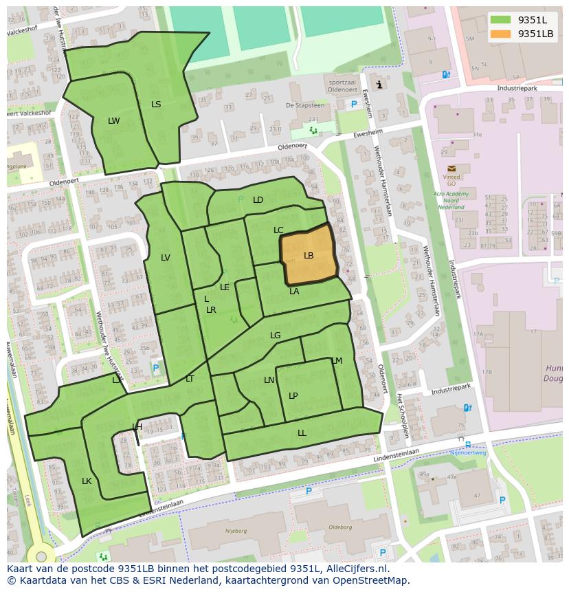 Afbeelding van het postcodegebied 9351 LB op de kaart.
