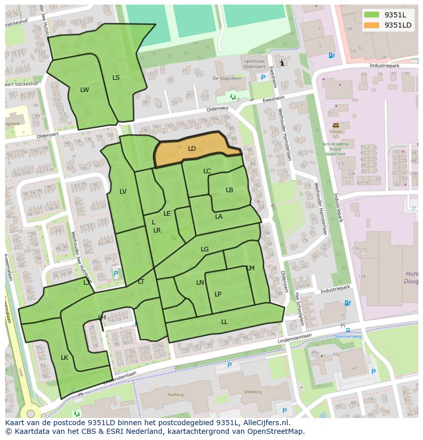 Afbeelding van het postcodegebied 9351 LD op de kaart.
