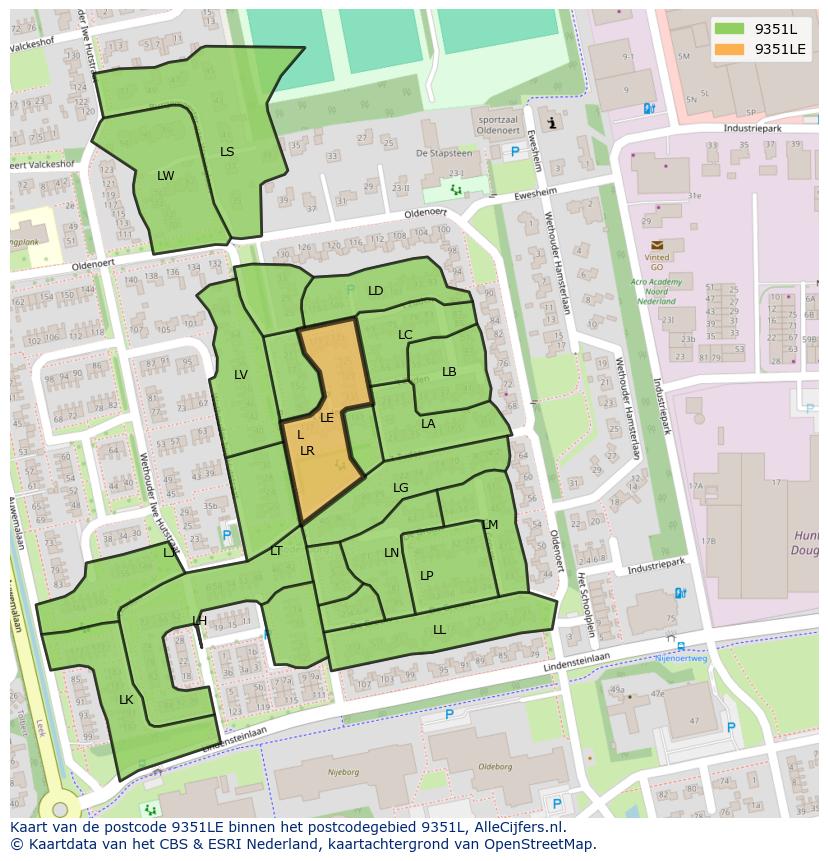 Afbeelding van het postcodegebied 9351 LE op de kaart.