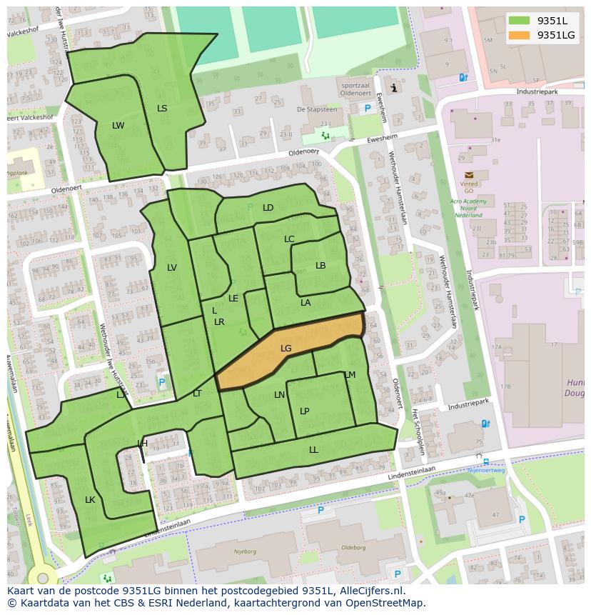 Afbeelding van het postcodegebied 9351 LG op de kaart.