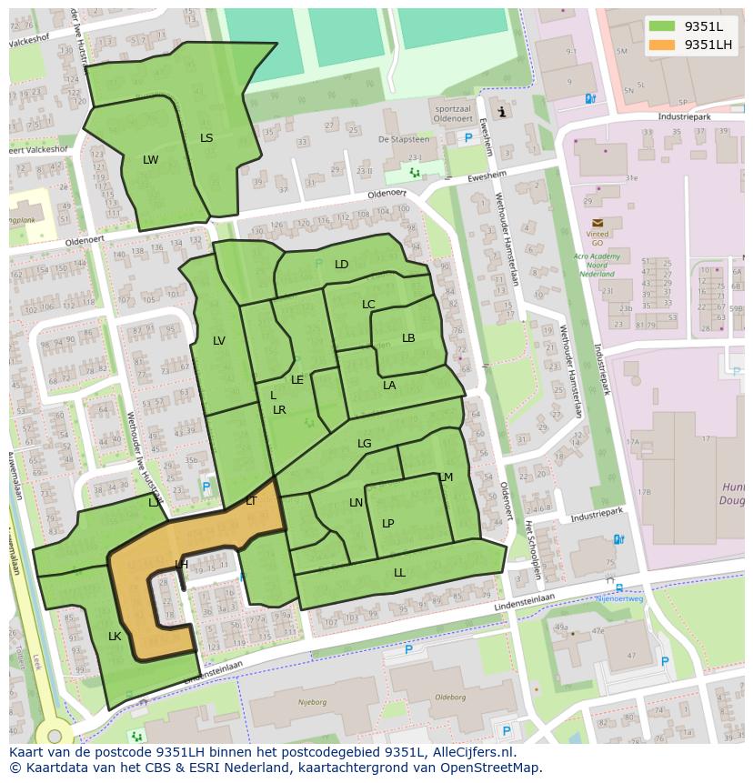 Afbeelding van het postcodegebied 9351 LH op de kaart.