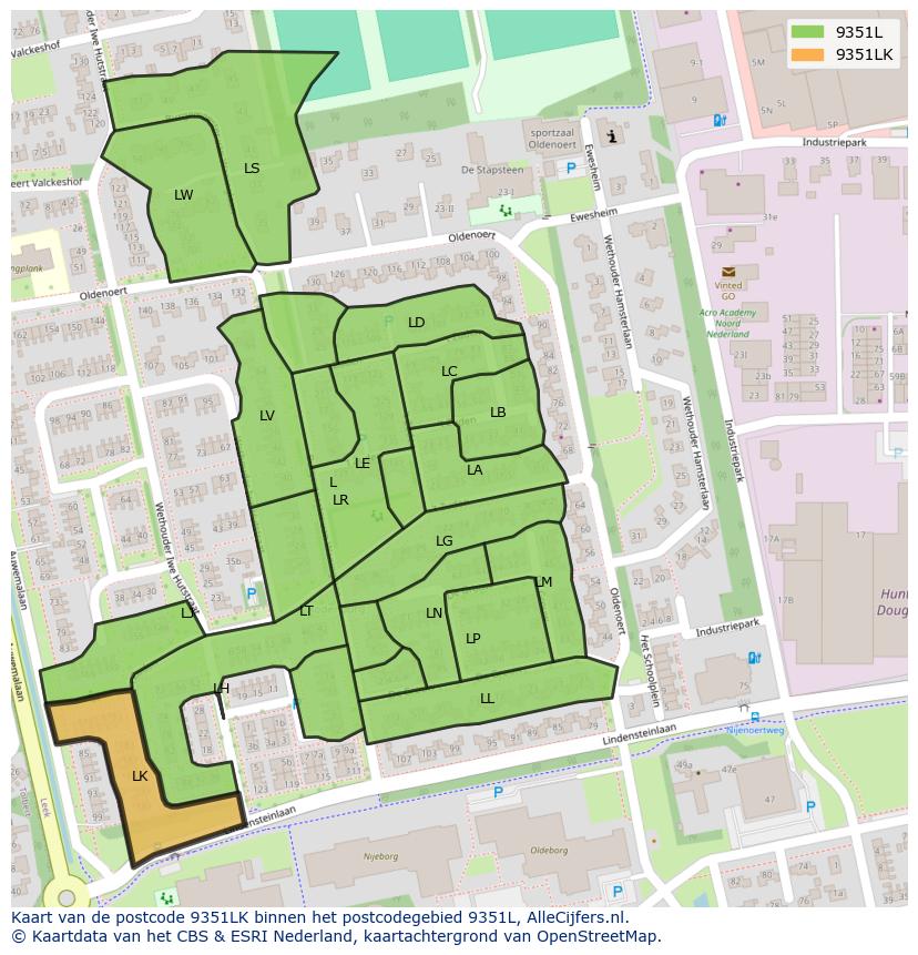 Afbeelding van het postcodegebied 9351 LK op de kaart.